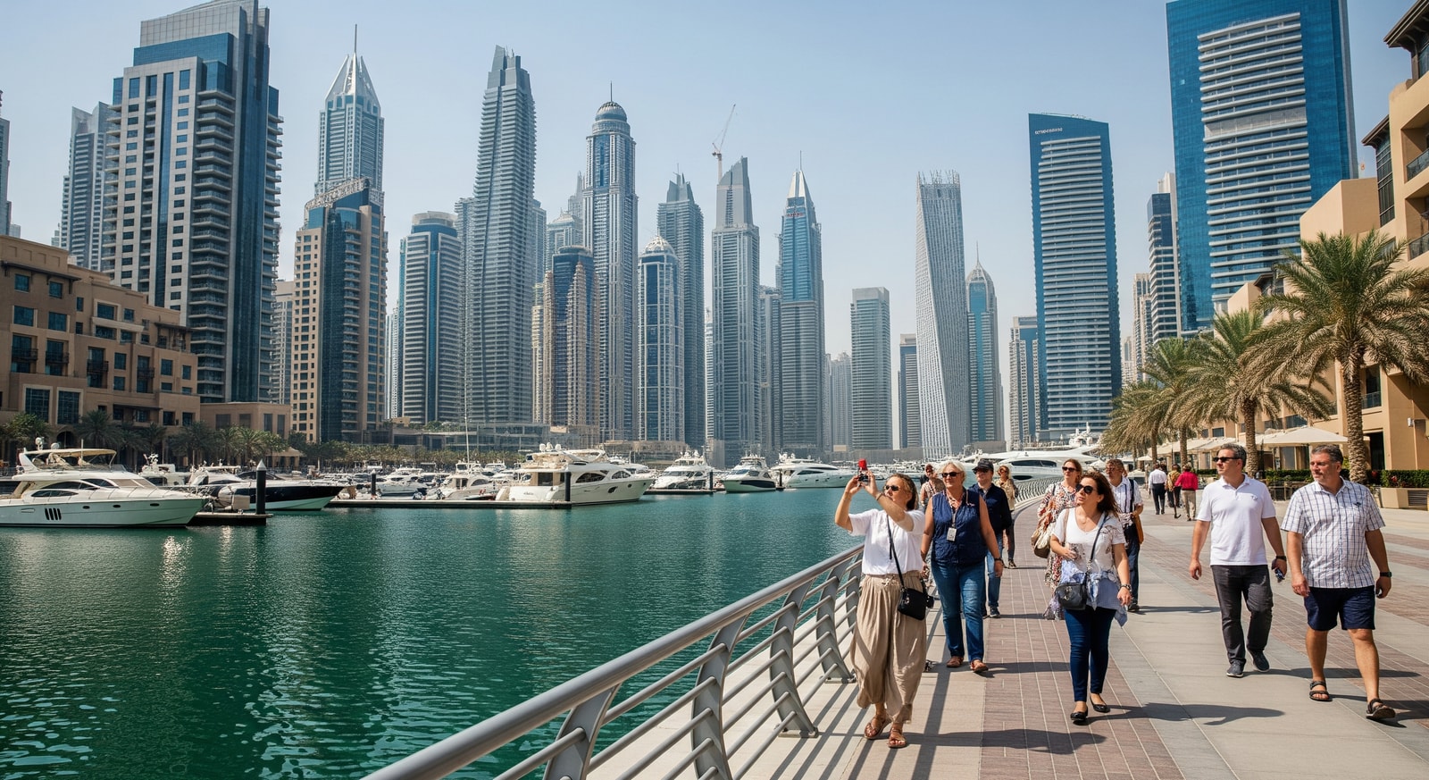 Tourists exploring Dubai Marina and waterfront hotels reflecting Dubai tourism growth