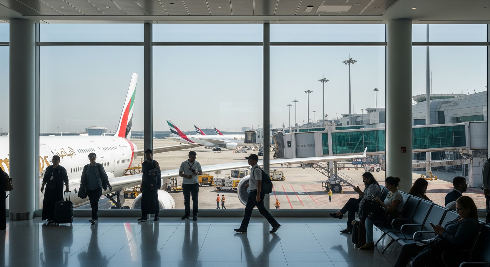 Terminal activity at Dubai International Airport showing aircraft and passengers, illustrating DXB passenger growth