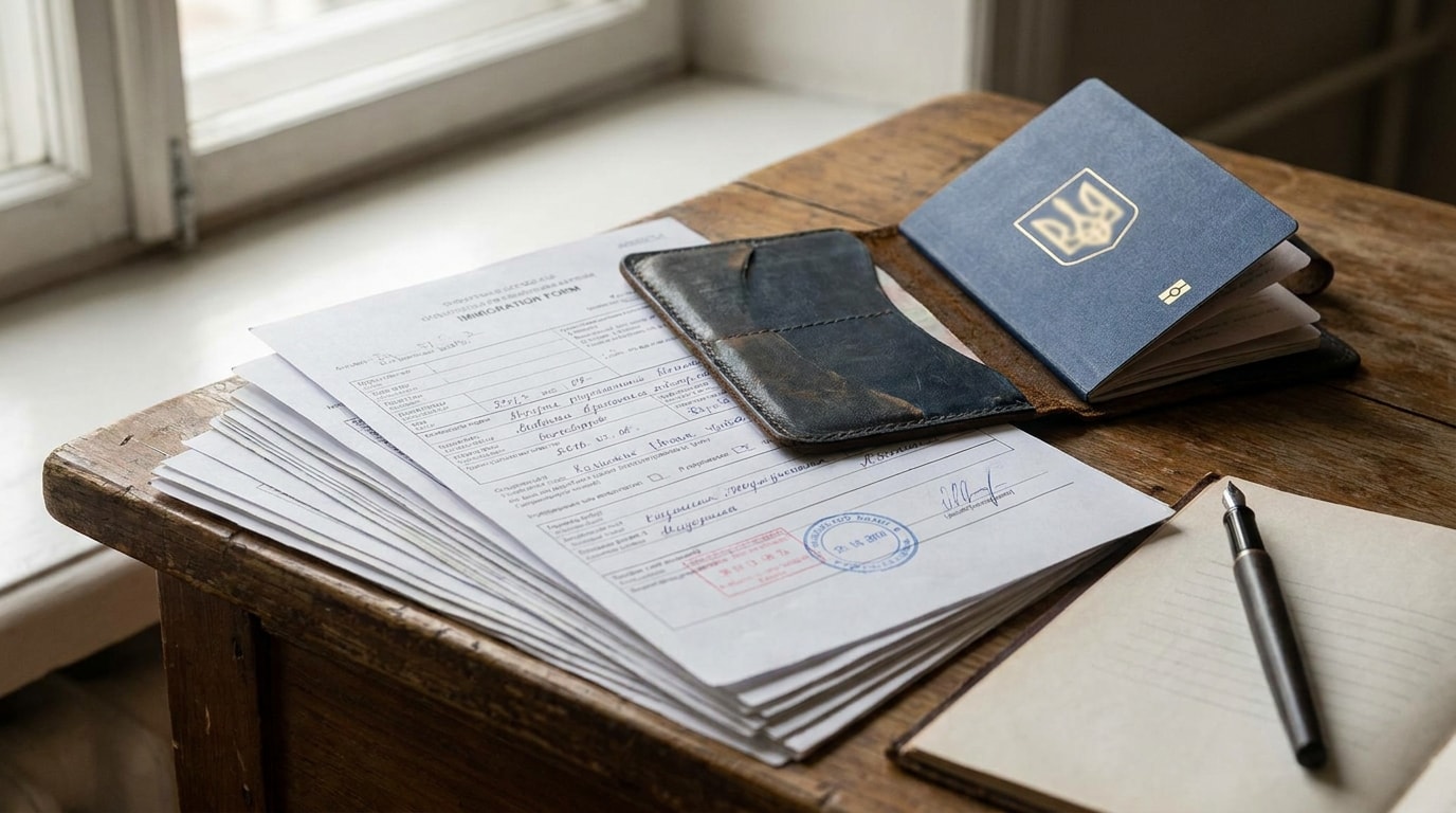 A close-up of immigration paperwork, a passport and a pen on a desk