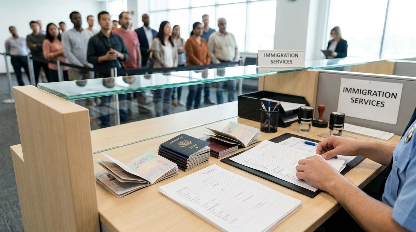 A modern immigration office counter with passport documents and application forms on a desk