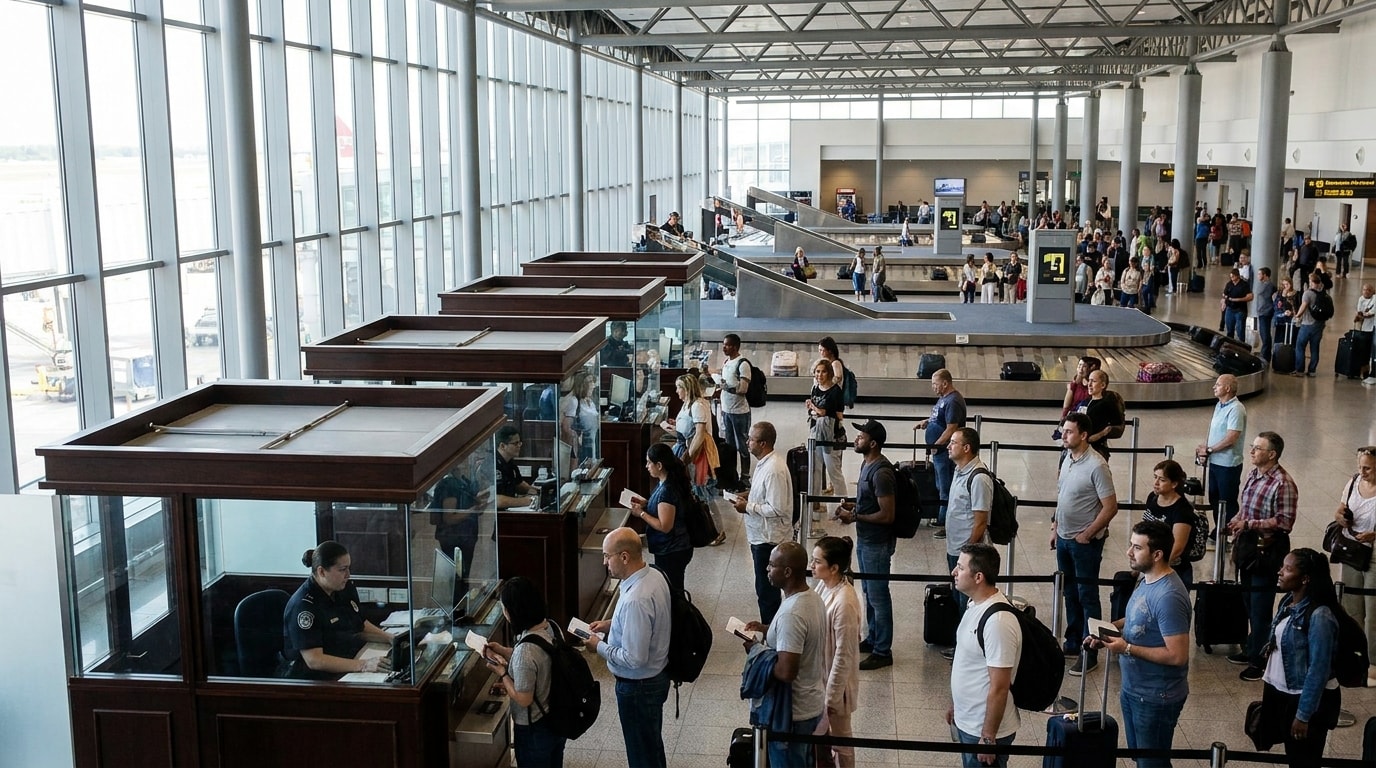Passport control booths and baggage lanes at a busy international terminal