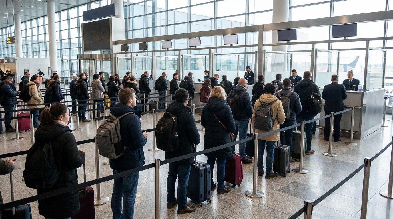 Travellers queueing with luggage at a European airport border control area