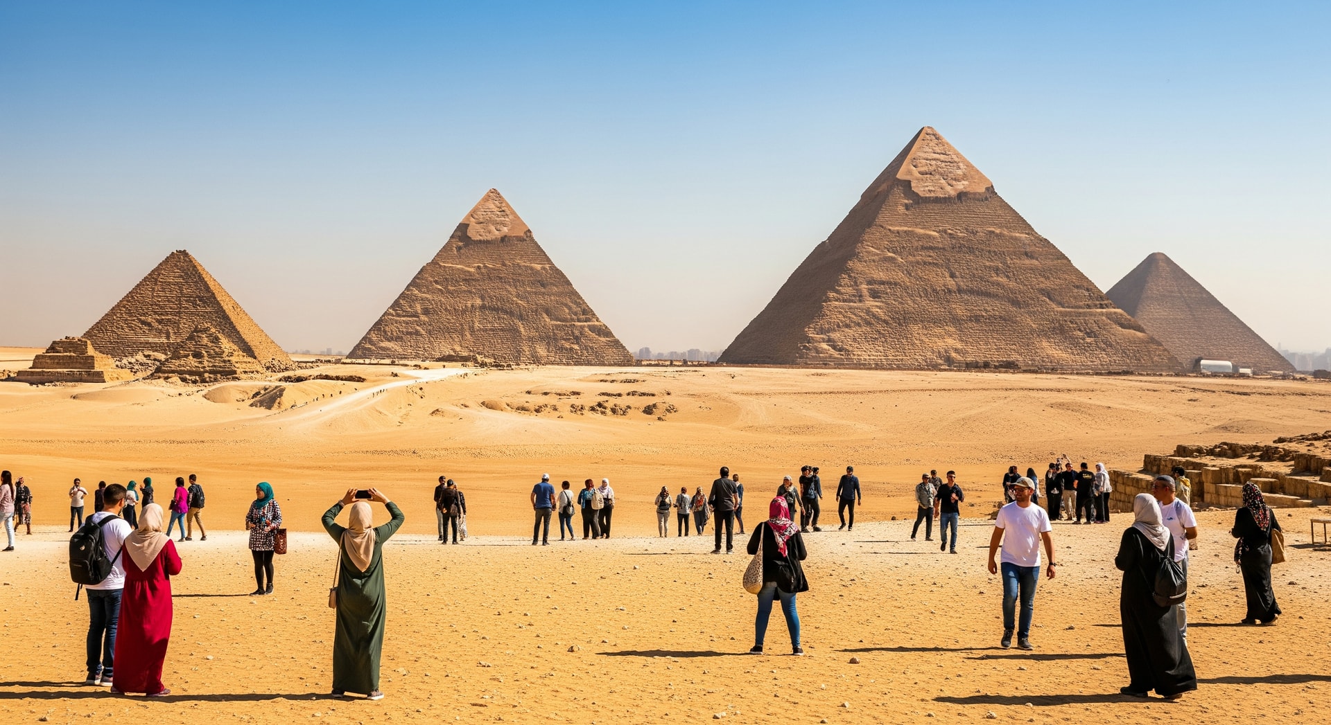Tourists visiting the Pyramids of Giza near Cairo under clear skies