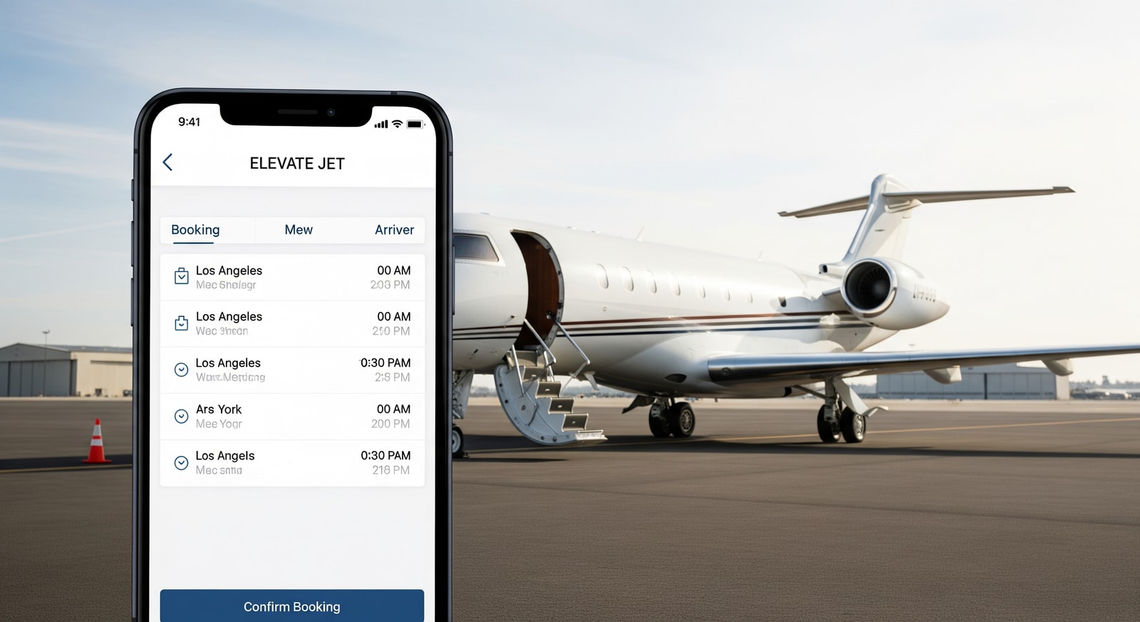 Mobile device showing the Elevate Jet booking interface beside a private jet on the tarmac