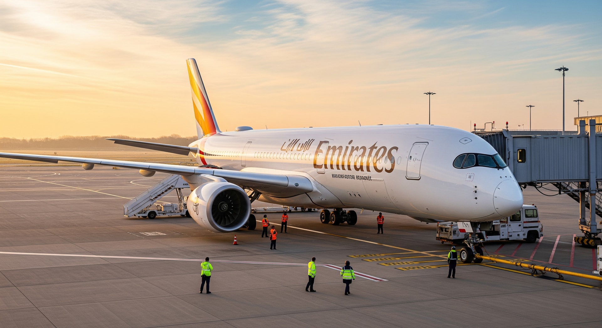 Emirates Airbus A350 at London Gatwick airport preparing for boarding