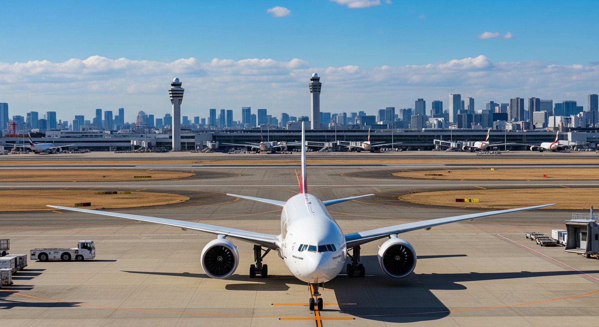 Emirates Boeing 777-300ER on the tarmac with Tokyo Narita airport in the background