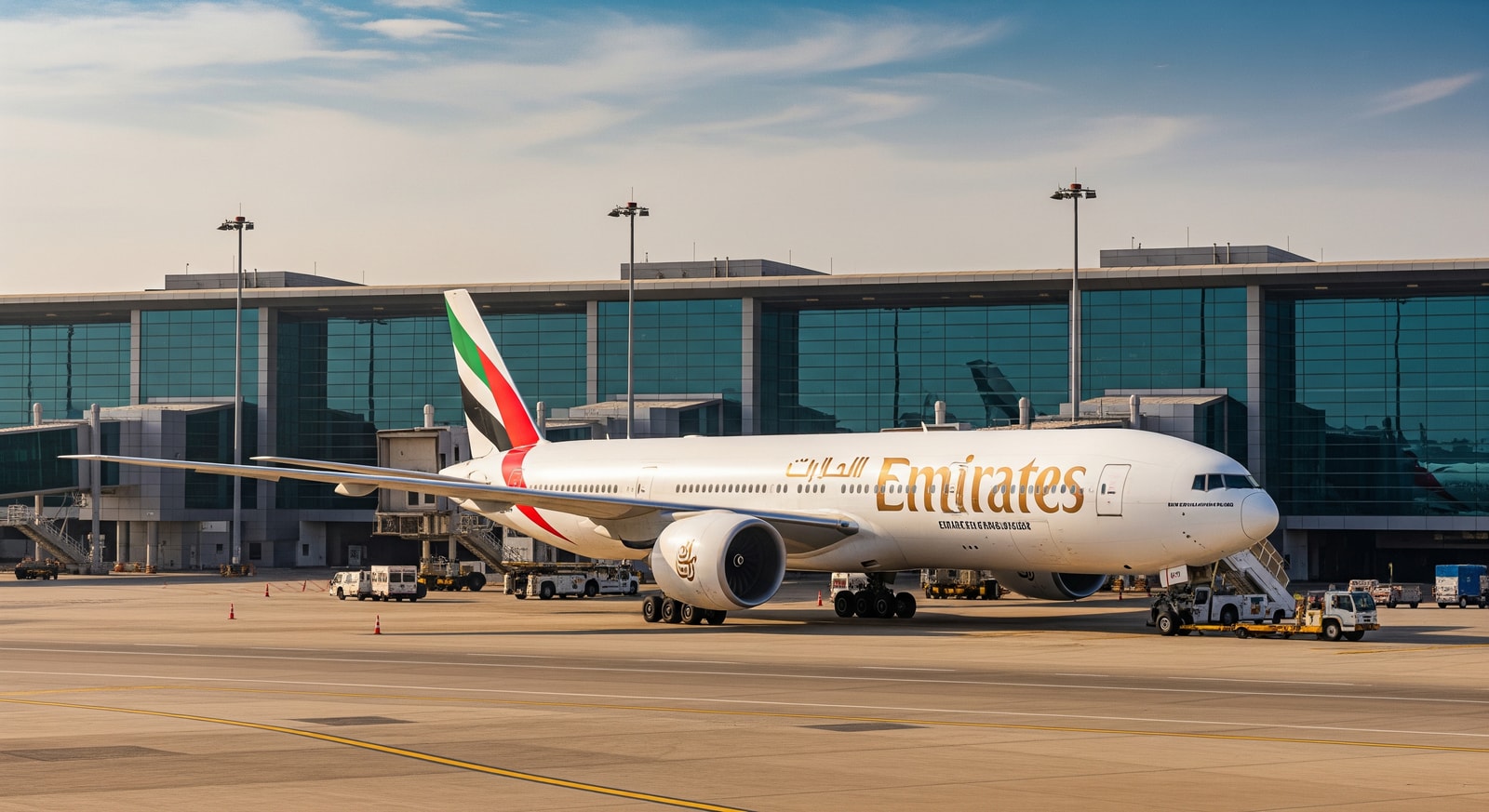Emirates Boeing 777-300ER at Dubai airport, illustrating expanded service to Tokyo Narita