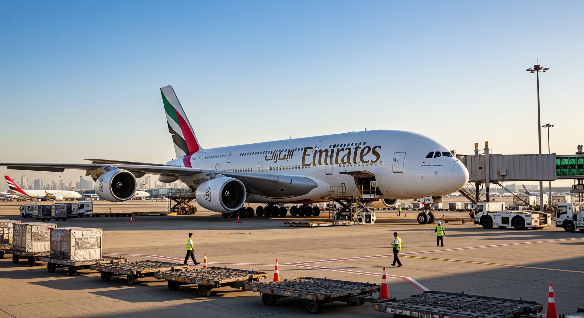 Emirates aircraft at Dubai International Airport preparing for long-haul flights to Tokyo Narita