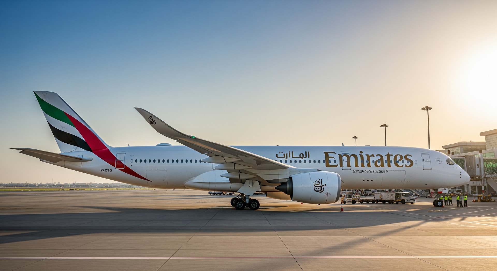 Emirates A350 at Dubai International Airport preparing for a London service