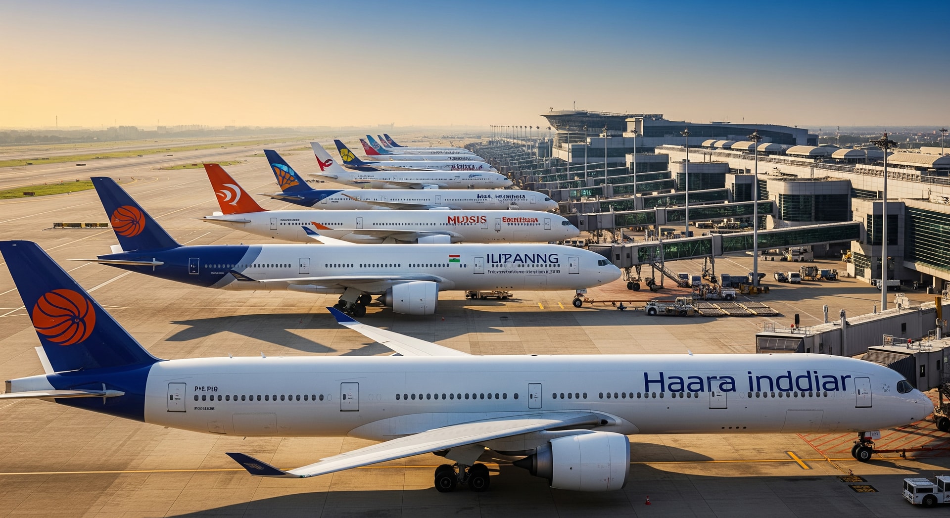 A lineup of widebody aircraft at an international airport apron, illustrating expanded flight networks to India
