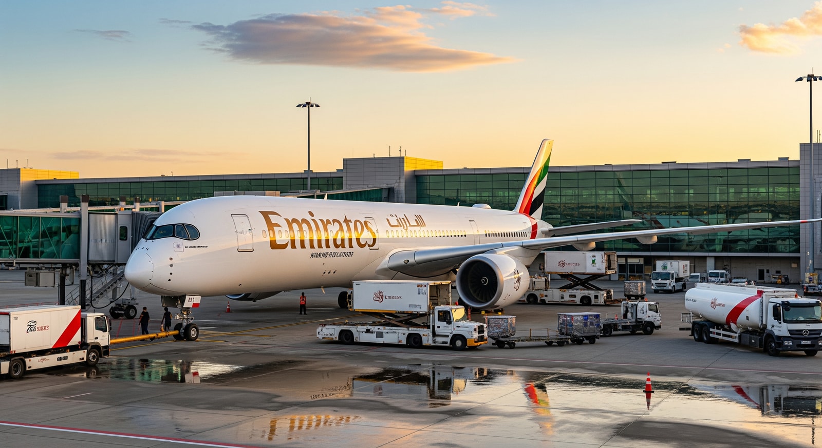 A long-haul widebody aircraft at an airport gate, illustrating high-capacity fleet planning for Emirates and Airbus A350-2000