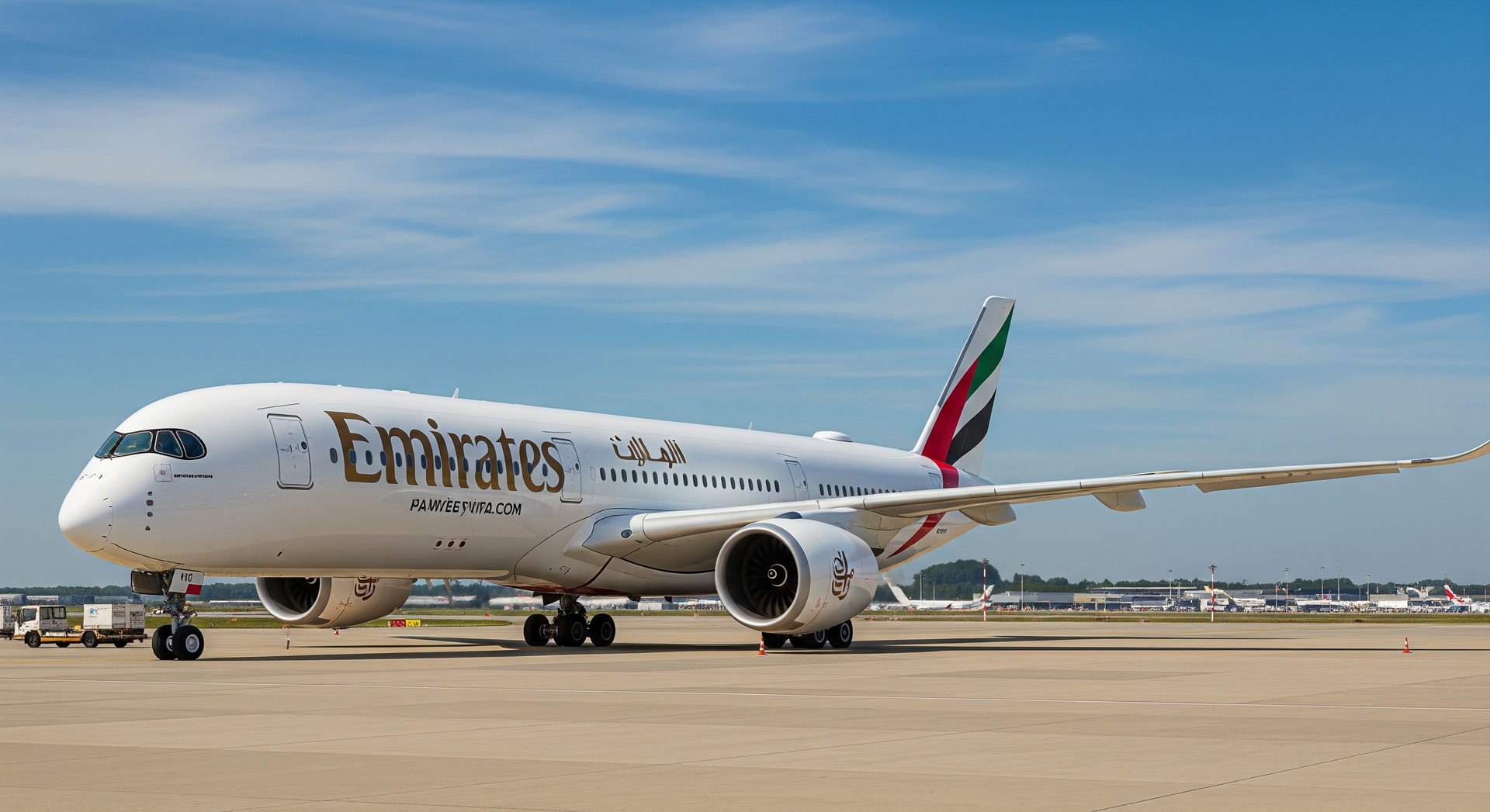 Emirates Airbus A350 on the tarmac, representing expanded European routes and Premium Economy services