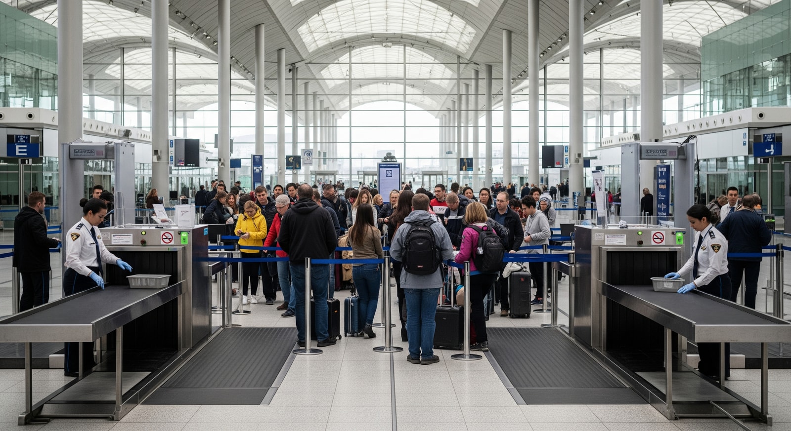 Crowds and security lanes at an international airport reflecting heightened entry checks and passenger flow