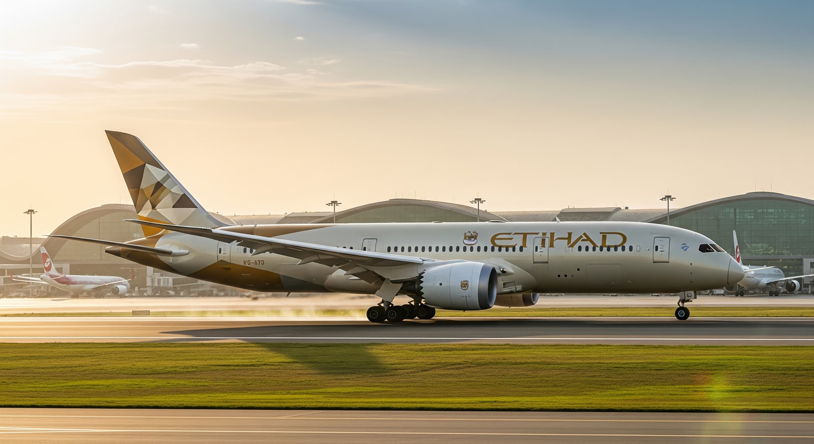 Etihad aircraft taxiing at Abu Dhabi airport reflecting fleet growth and route expansion
