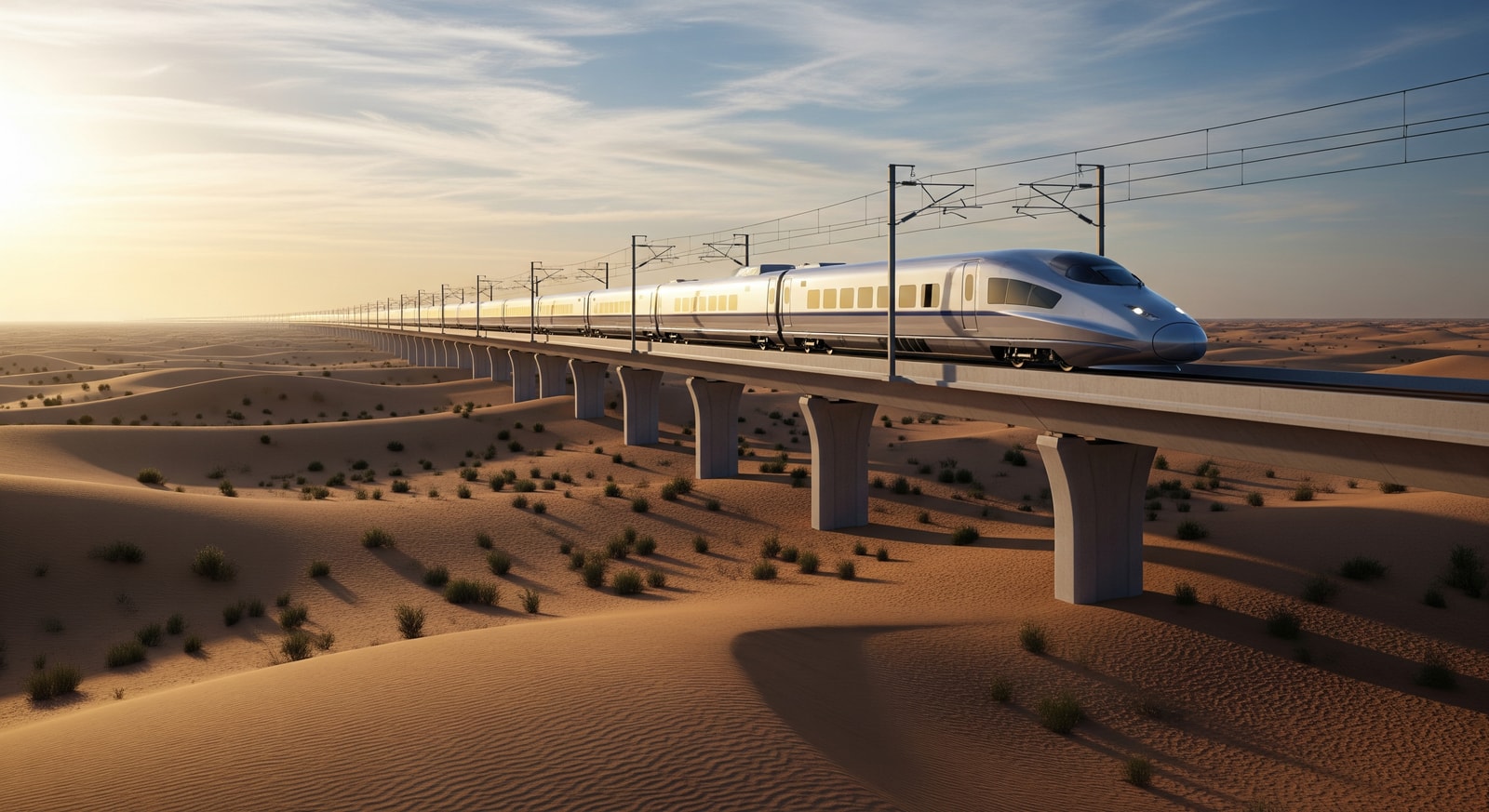 Architectural illustration of a high-speed train on a track between Abu Dhabi and Dubai