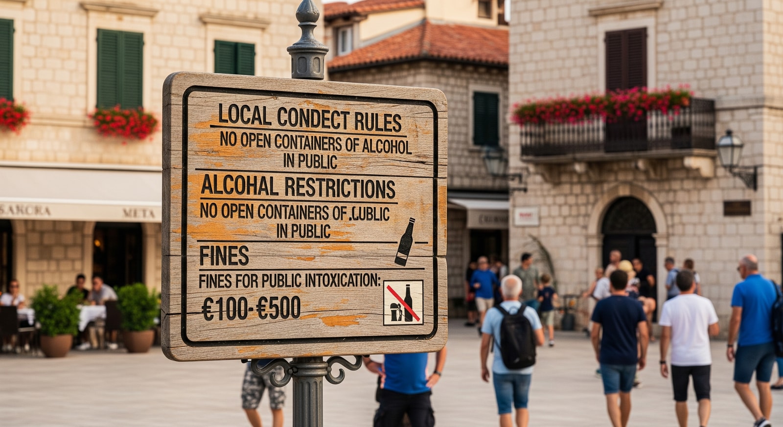 Signage in a European tourist area warning about local conduct rules including alcohol restrictions and fines