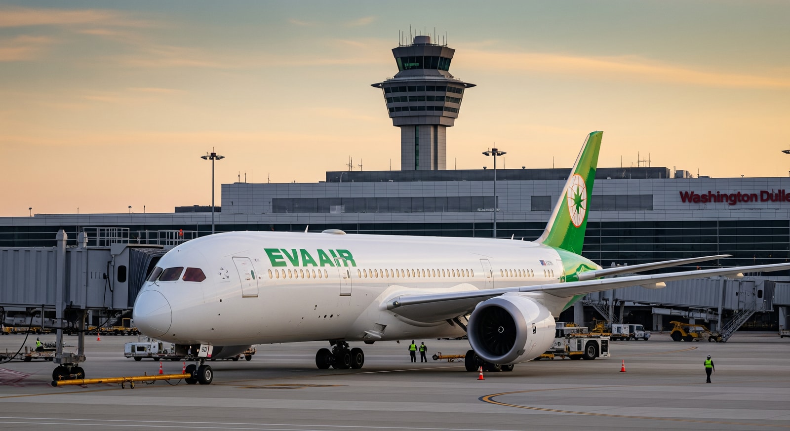 EVA Air Boeing 787-9 at a gate, illustrating new long-haul service between Taipei and Washington D.C.