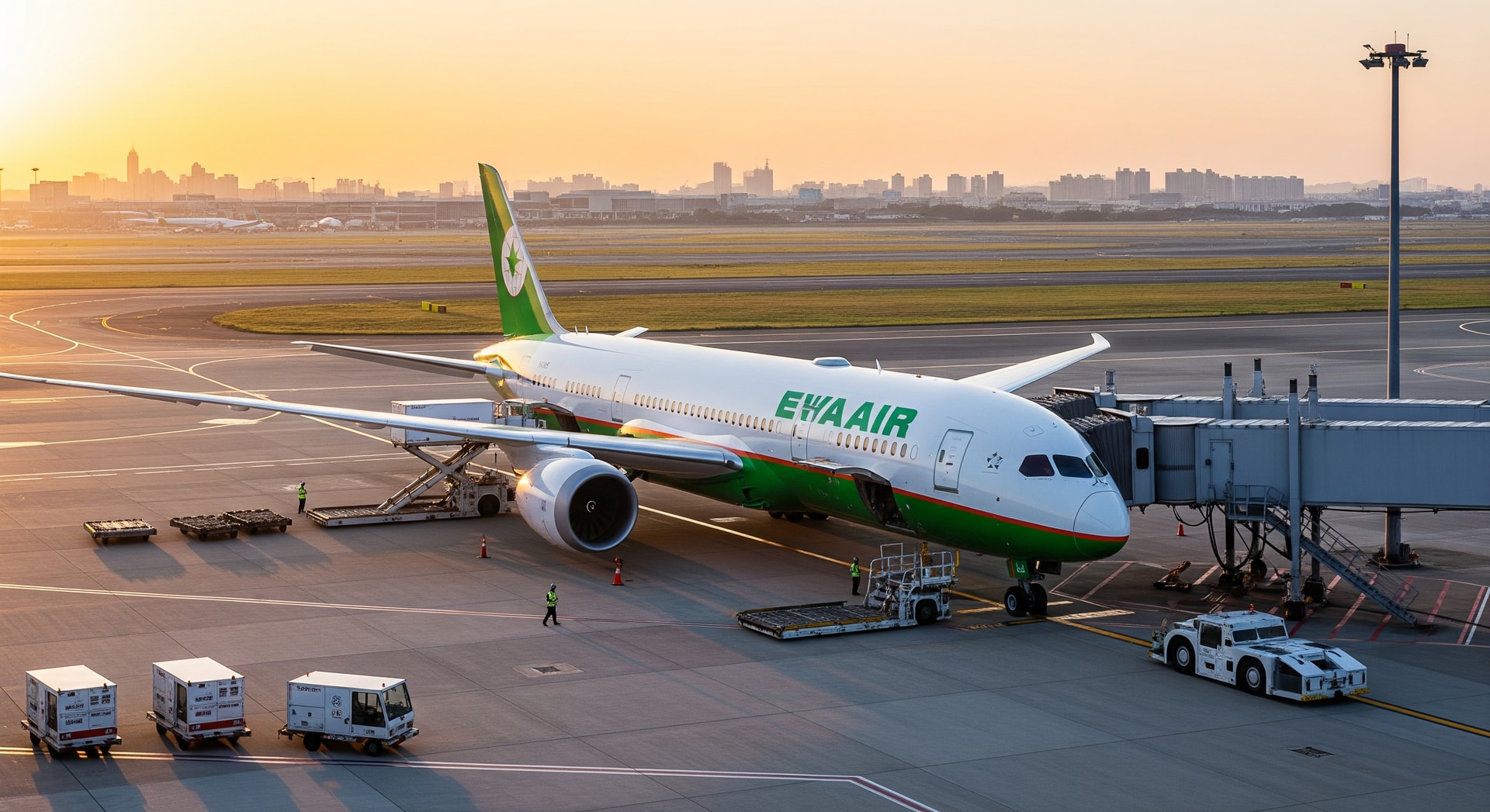 EVA Air Boeing 787-9 at an international airport preparing for long-haul service