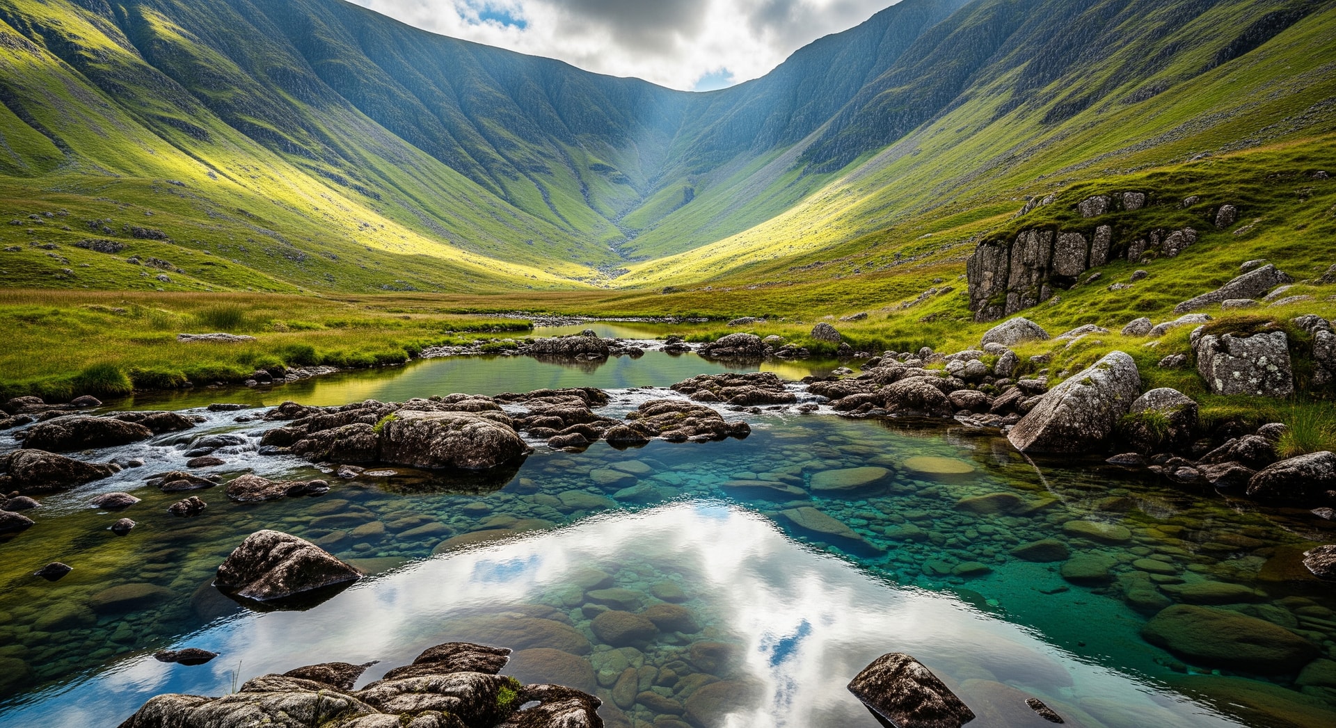 The Fairy Pools in Wasdale with clear mountain pools and surrounding fells in the Lake District