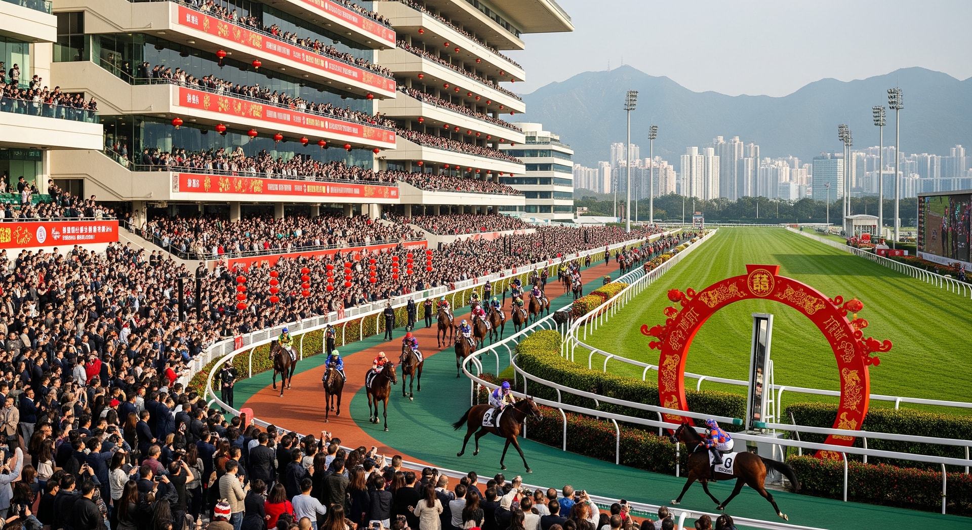Crowds and horses at Sha Tin Racecourse during a festive Chinese New Year raceday