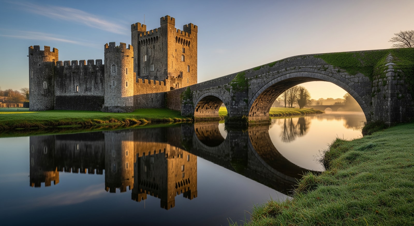 Cahir Castle reflected in the River Suir with its moss-covered arched bridge