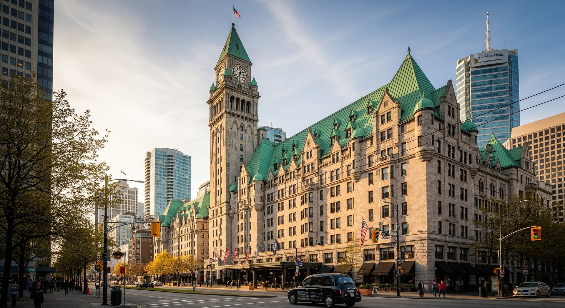 Exterior facade of the historic Fairmont Hotel Vancouver in downtown Vancouver