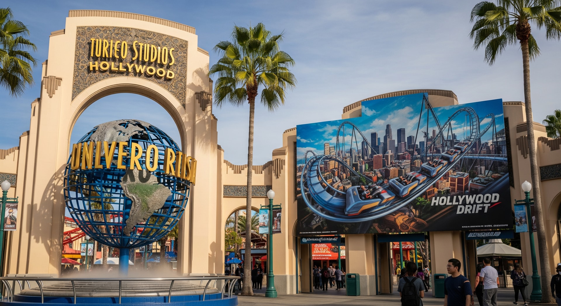 Exterior view of Universal Studios Hollywood theme park with concept art for Hollywood Drift coaster