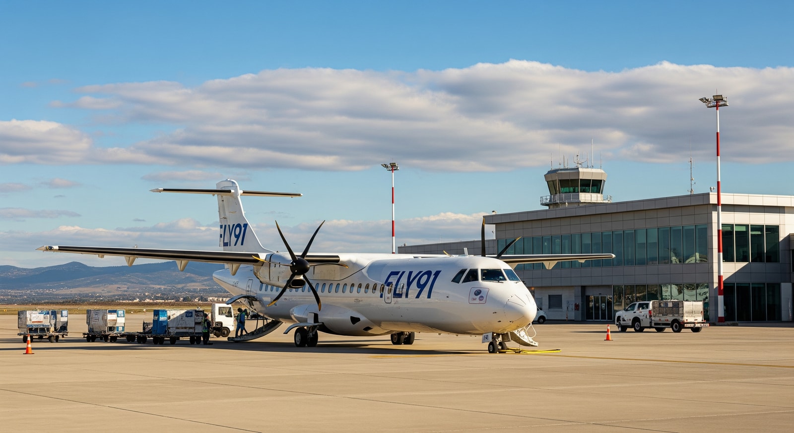 FLY91 ATR 72‑600 parked at a regional airport, illustrating enhanced domestic connectivity