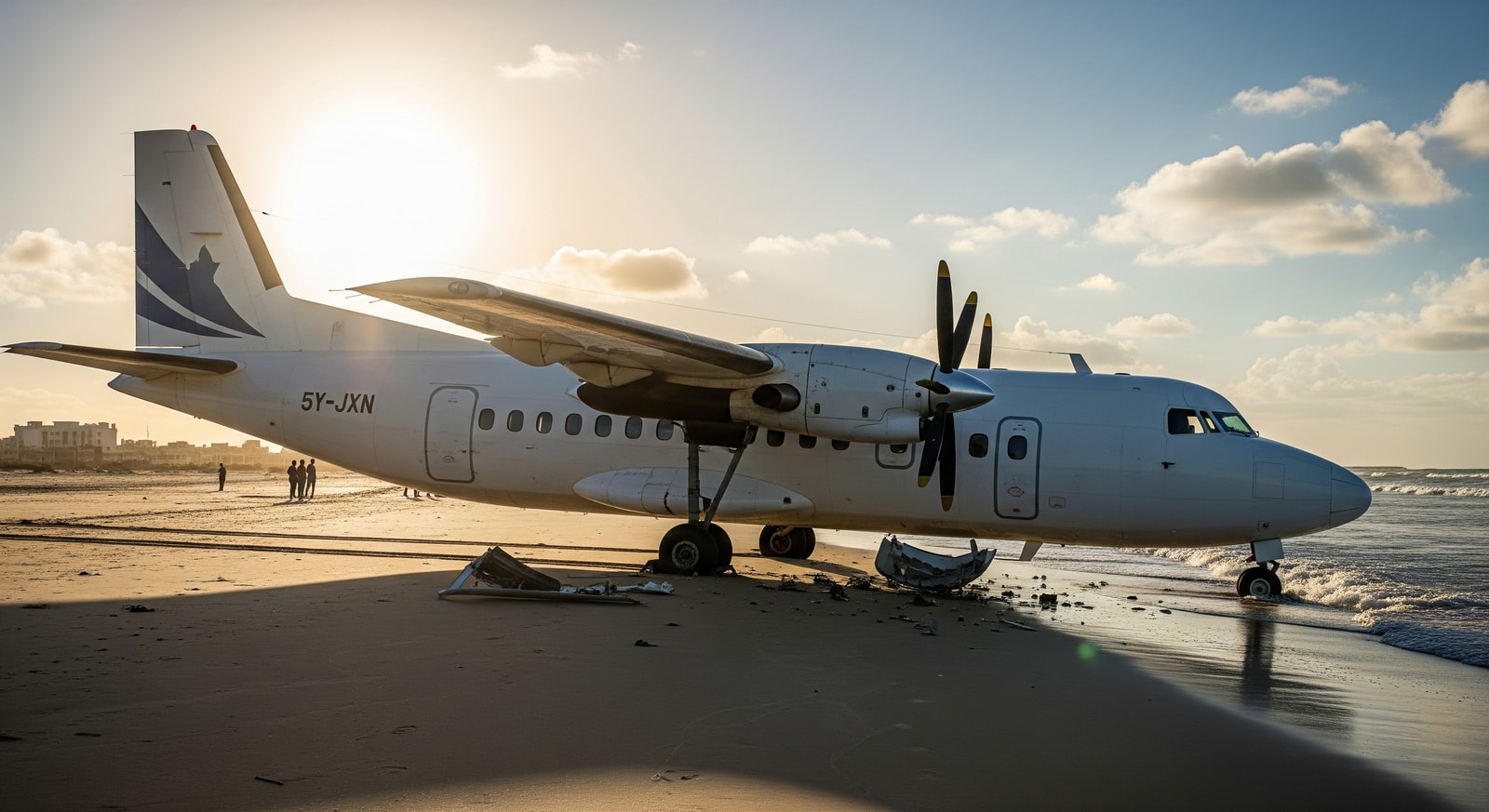Fokker 50 stopped on a sandy beach near Aden Adde International Airport after a runway overrun in Mogadishu