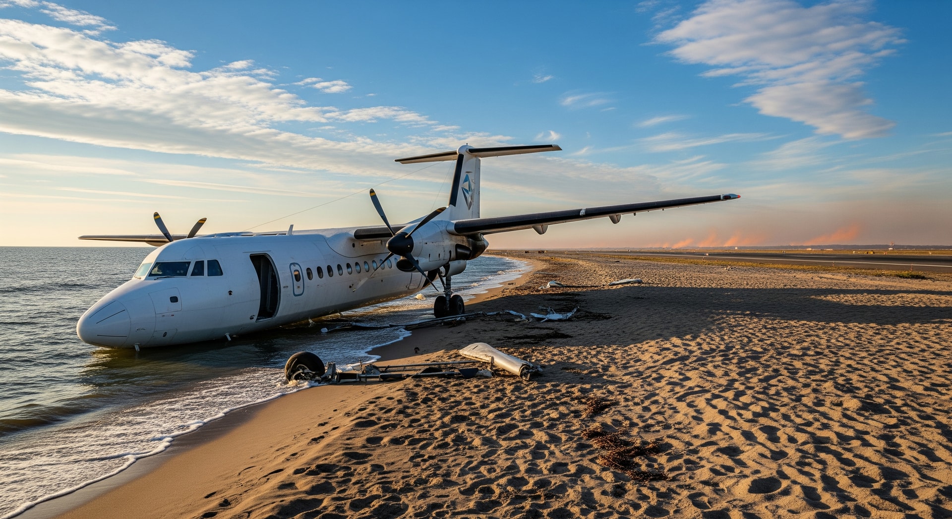 A Fokker 50 turboprop on a sandy shoreline near an airport runway, illustrating a runway overrun incident in Mogadishu