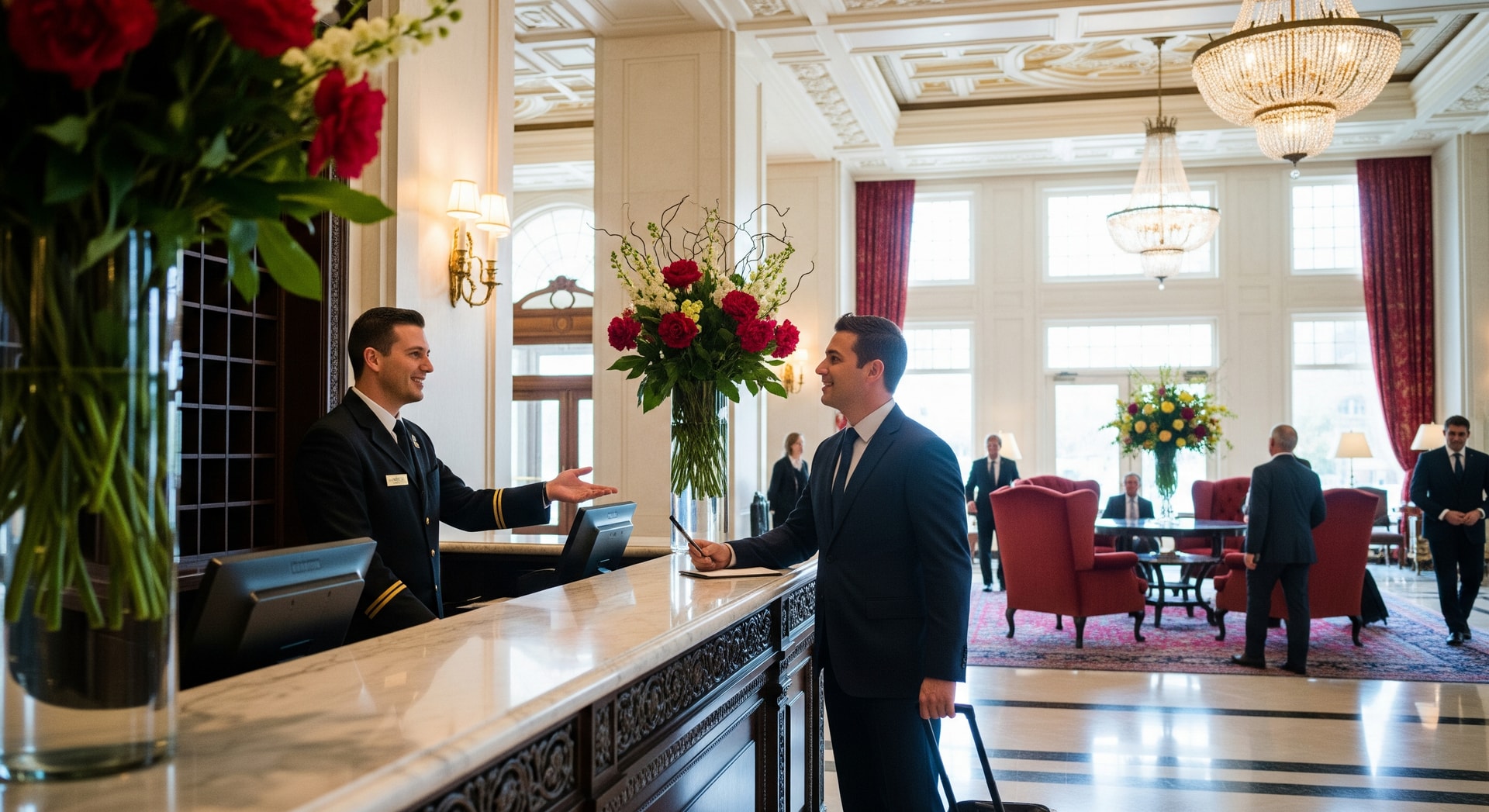 Luxury hotel lobby with concierge and guest arriving for a Forbes Travel Guide inspection