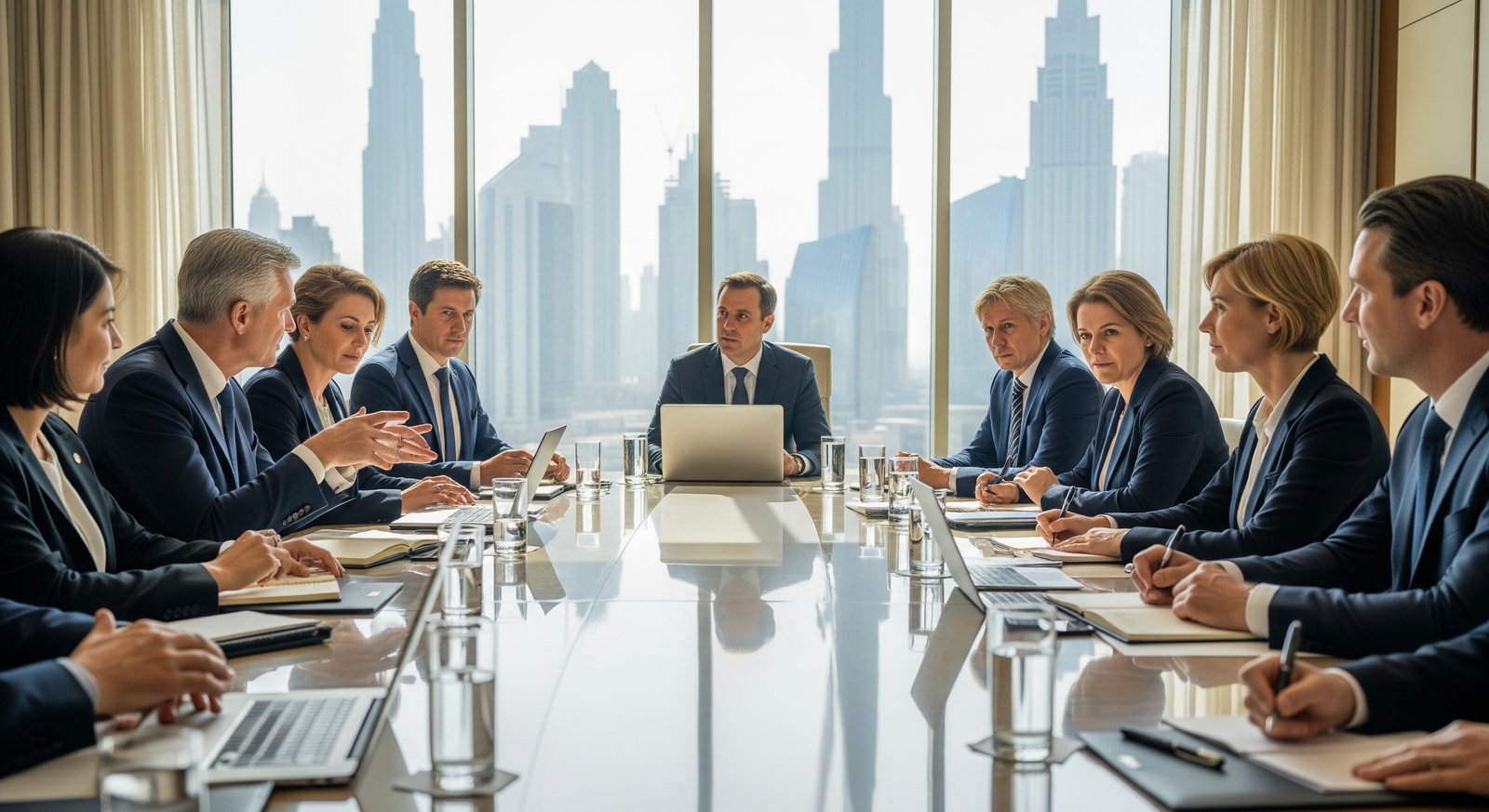 Delegates at a hospitality advisory board meeting in Dubai discussing trends and strategies