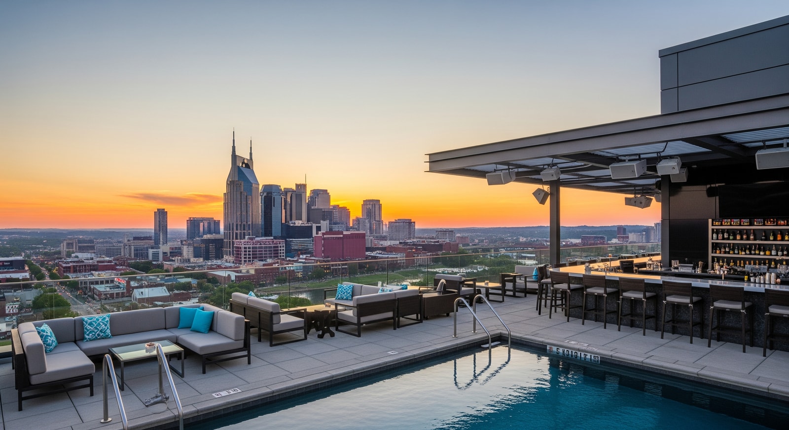 Rivière Rooftop at Four Seasons Hotel Nashville with skyline views at sunset