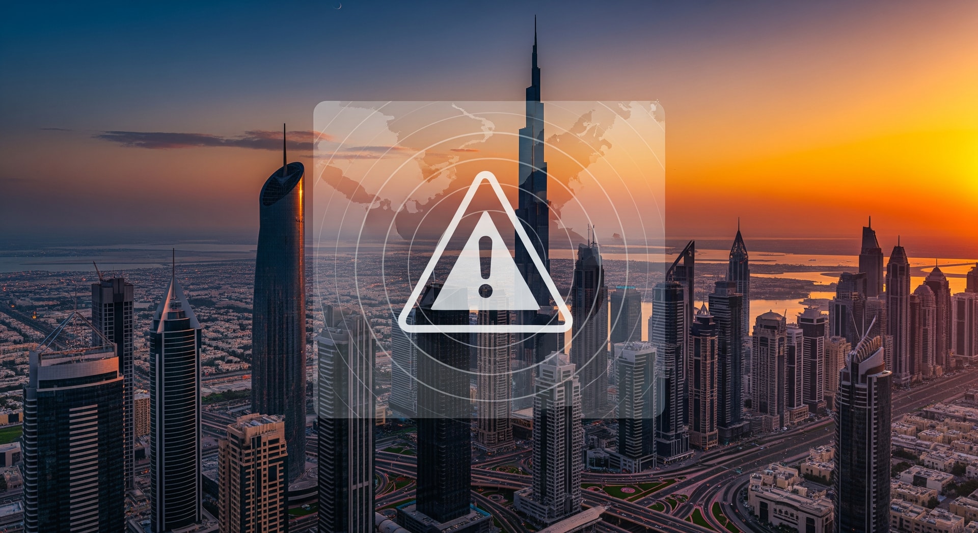Gulf city skylines with warning overlay indicating travel advisories in the GCC