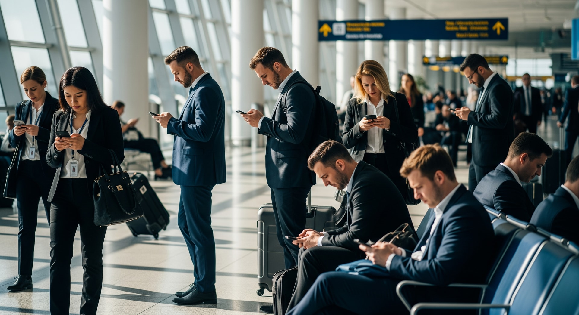 Business travelers using mobile phones in an airport terminal