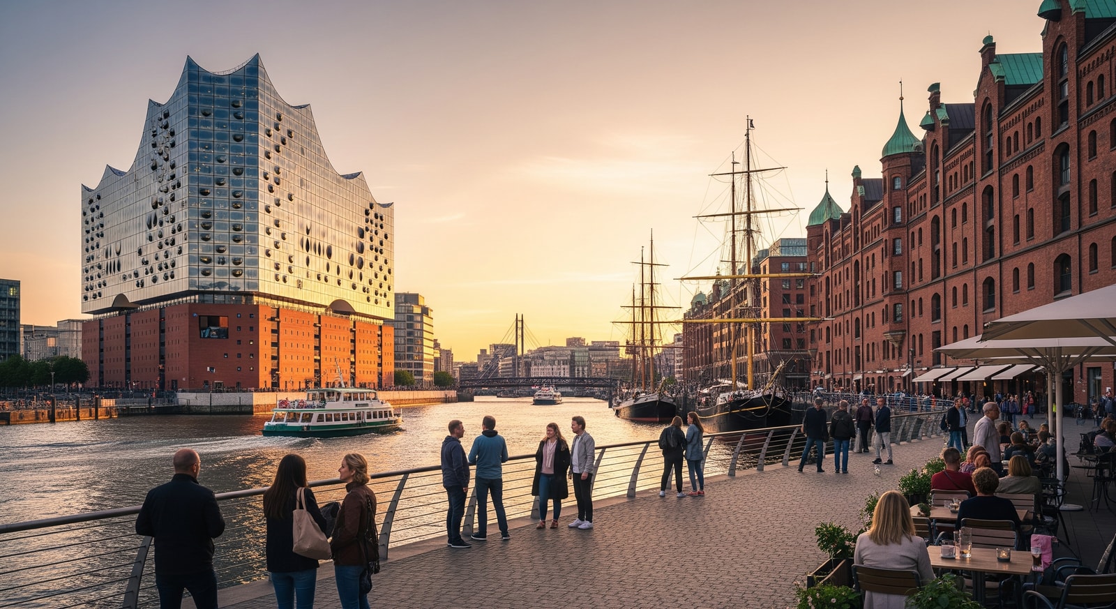 Hamburg waterfront with tourists and historic port architecture, illustrating the city's resilient tourism appeal
