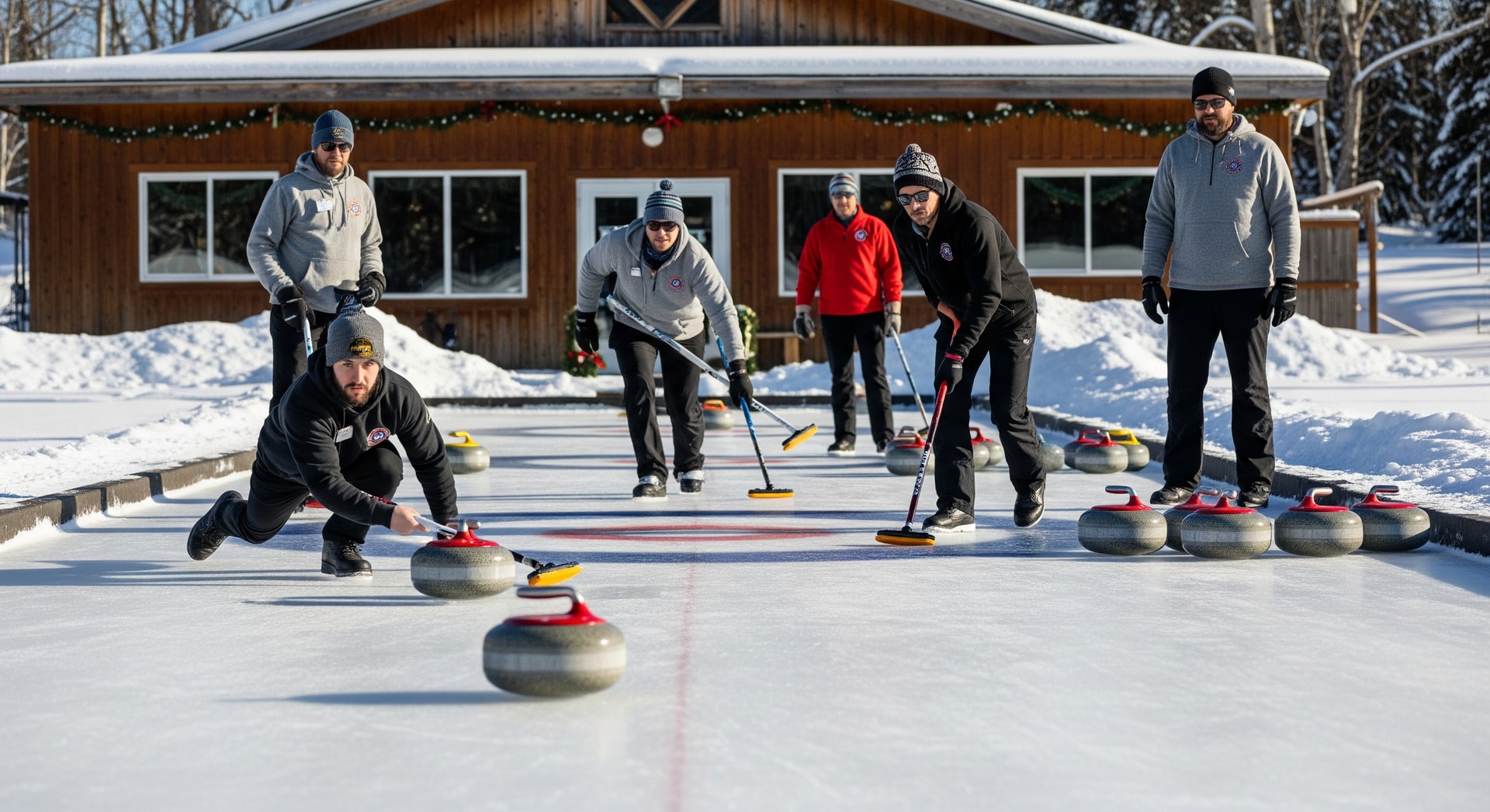 Players competing at the Dawson City Curling Club on natural ice during a winter bonspiel