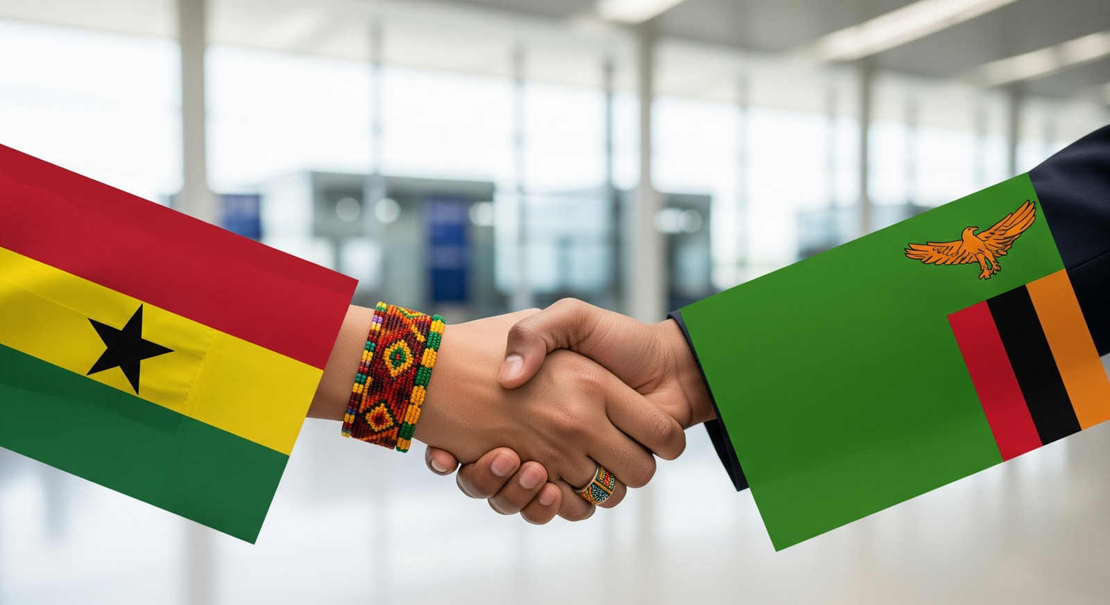 Symbols of Ghana and Zambia representing strengthened travel ties and visa-free connectivity