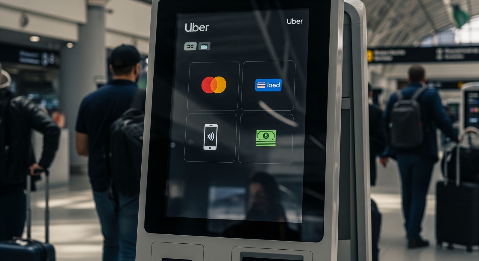 An Uber kiosk at a transportation hub showing multiple payment options for travellers