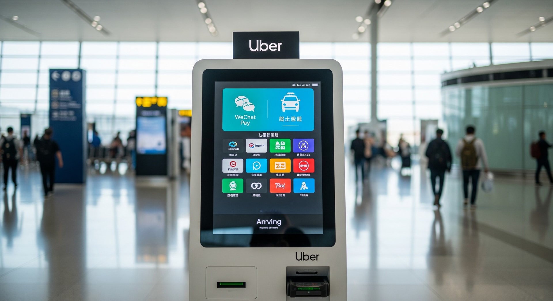 Passengers using an Uber kiosk at a busy international airport with payment icons including WeChat Pay and local methods visible