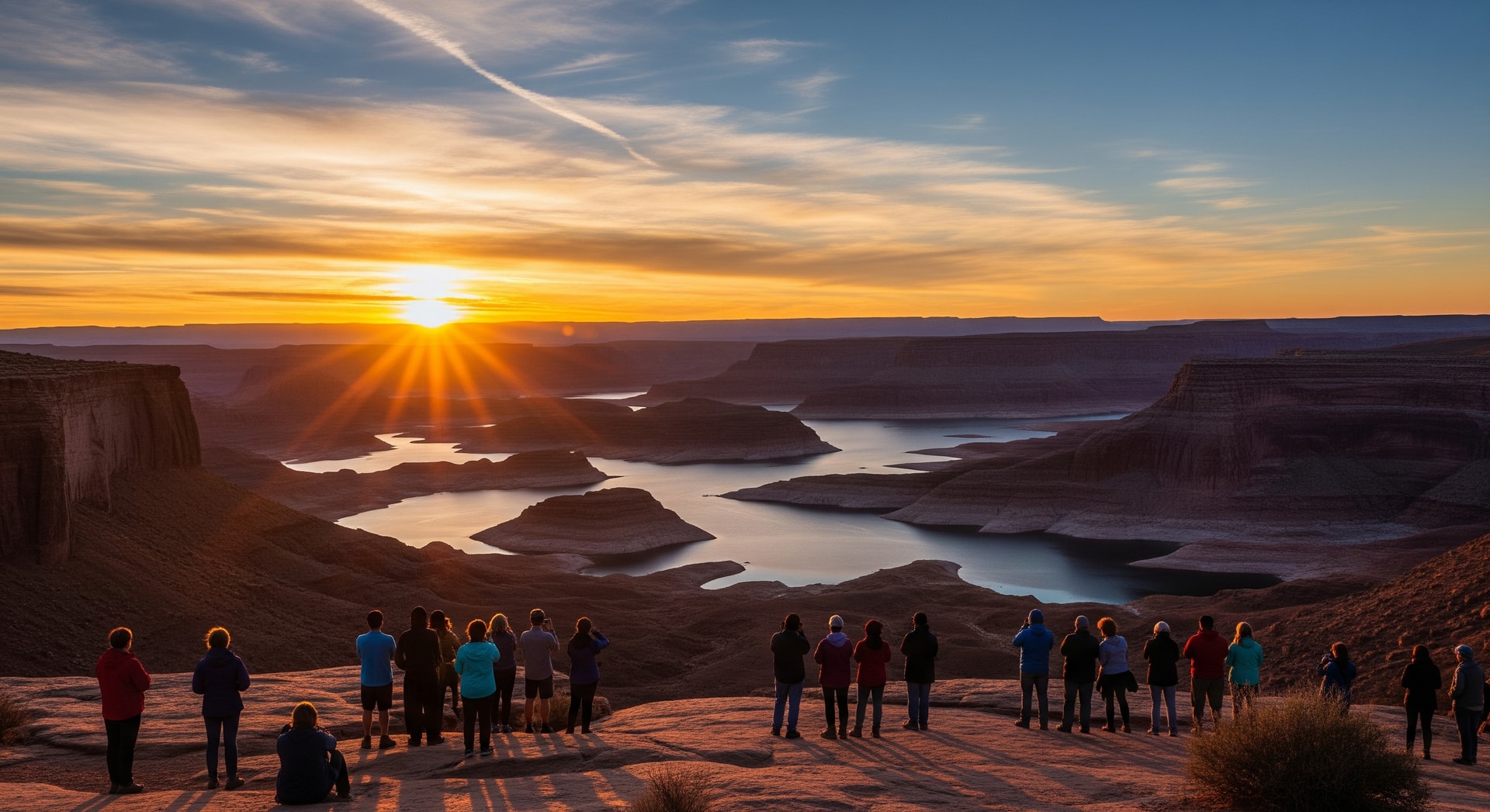 Sunrise over Glen Canyon National Recreation Area with visitors on the rim