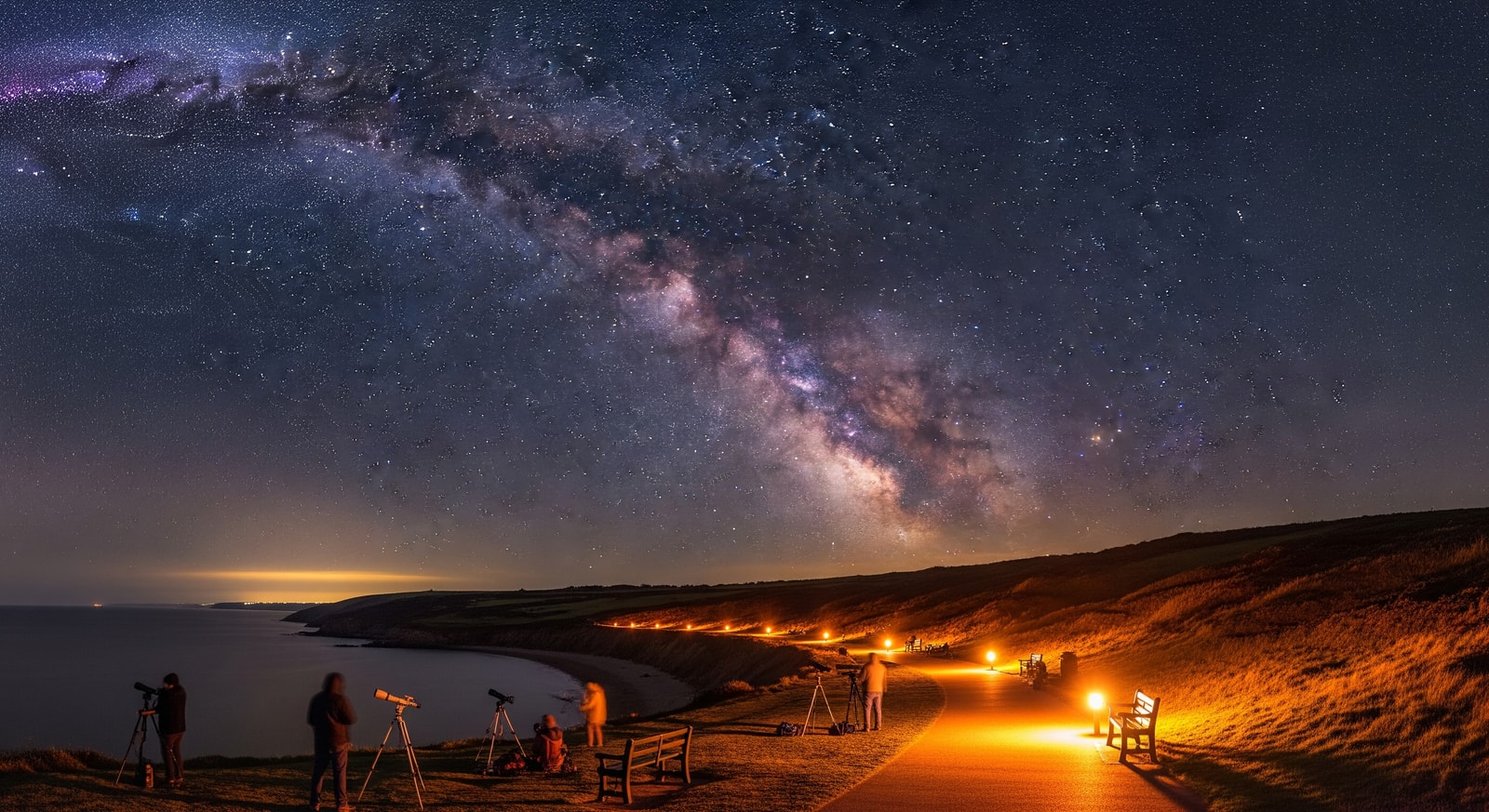 Stargazers on the Gower coastline beneath a clear Milky Way night sky, showing dark-sky-friendly lighting along the shore