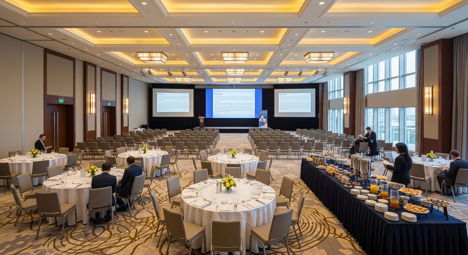 Interior view of a pillar-free ballroom and conference setup at Grand Copthorne Waterfront Hotel, showcasing MICE facilities