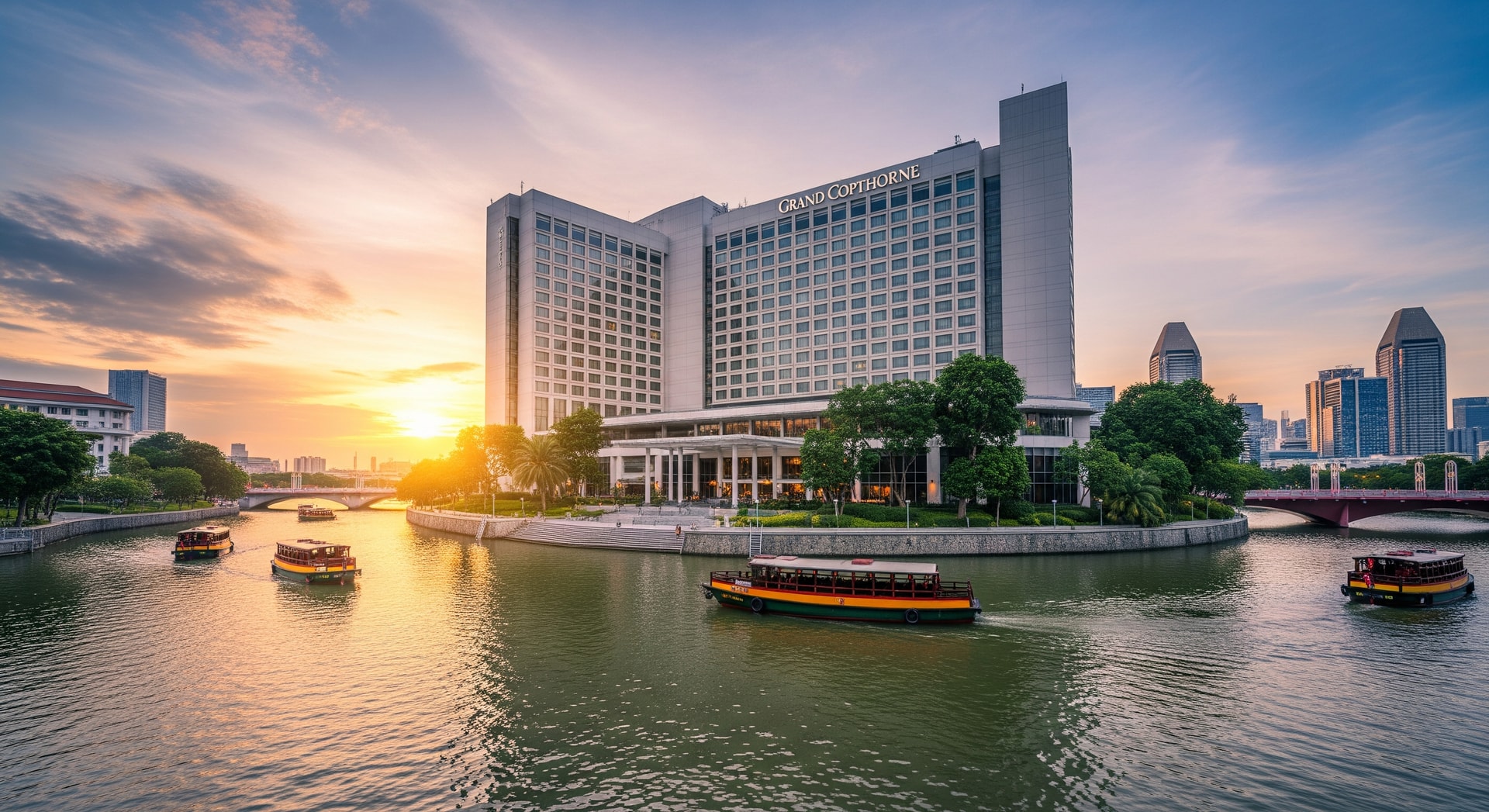 Grand Copthorne Waterfront Hotel exterior and riverside view in Singapore
