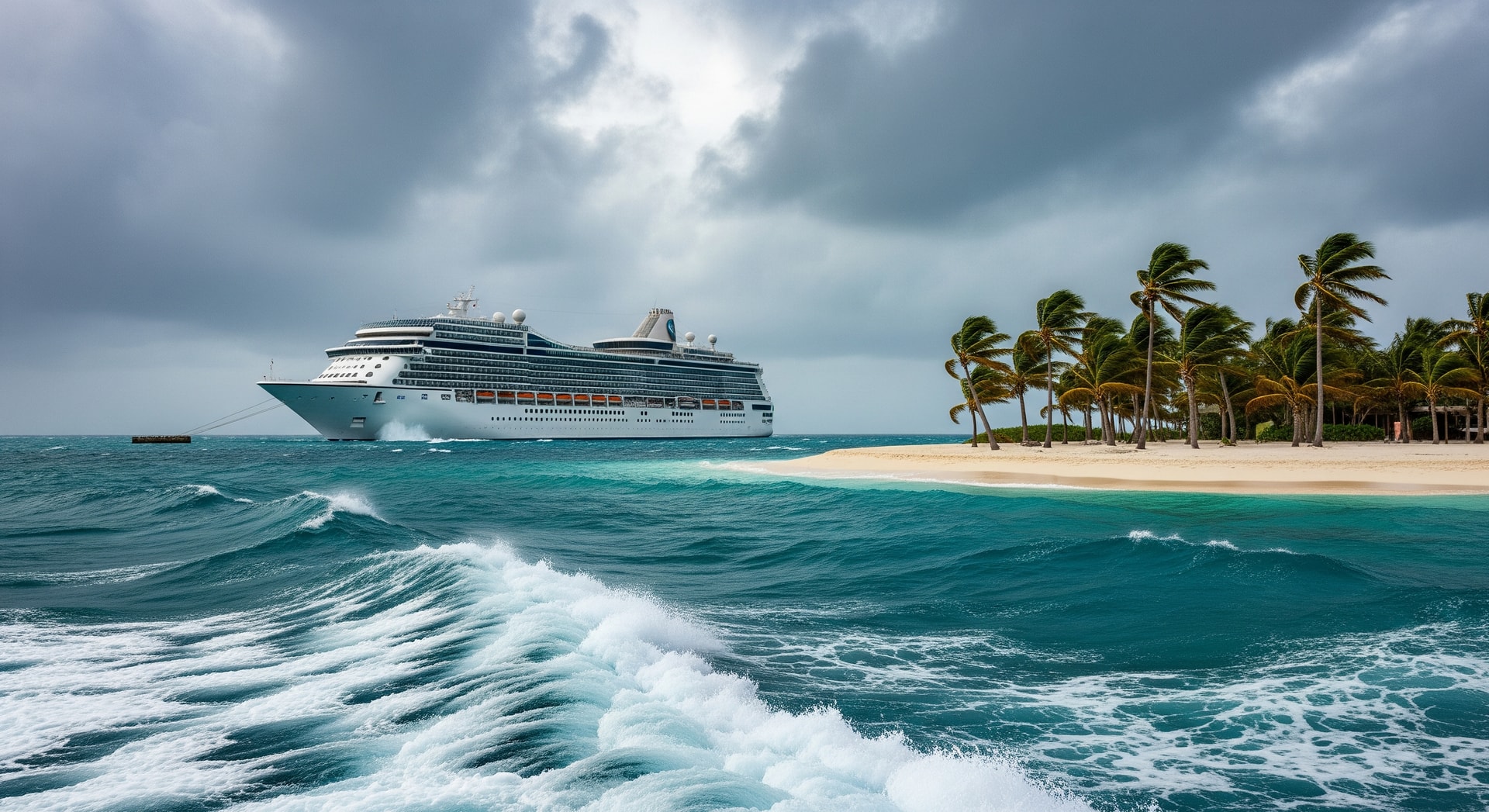 Cruise ship anchored offshore near a private island in the Bahamas during rough winter weather