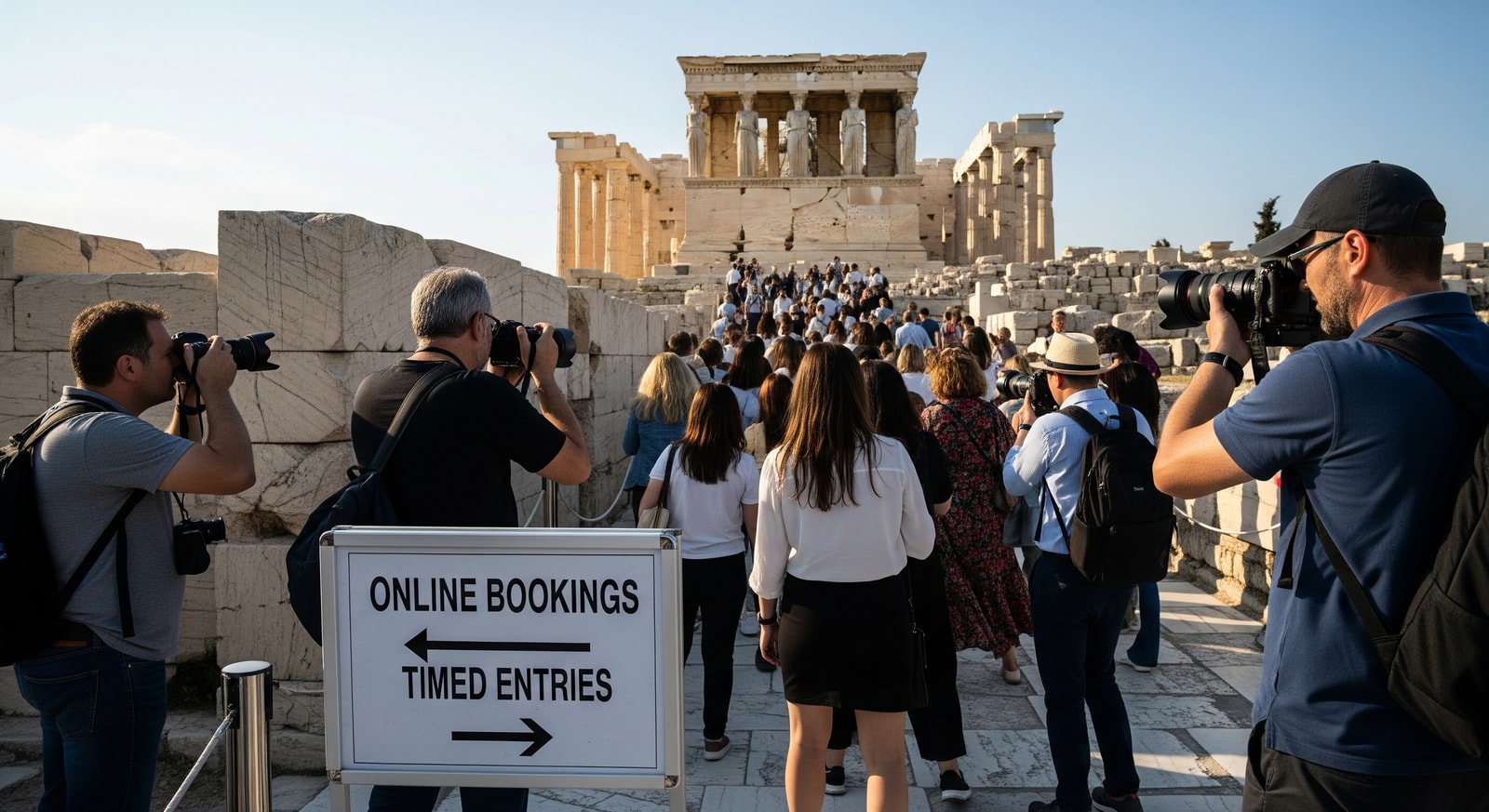 Tourists entering the Acropolis with signage about online bookings and timed entries
