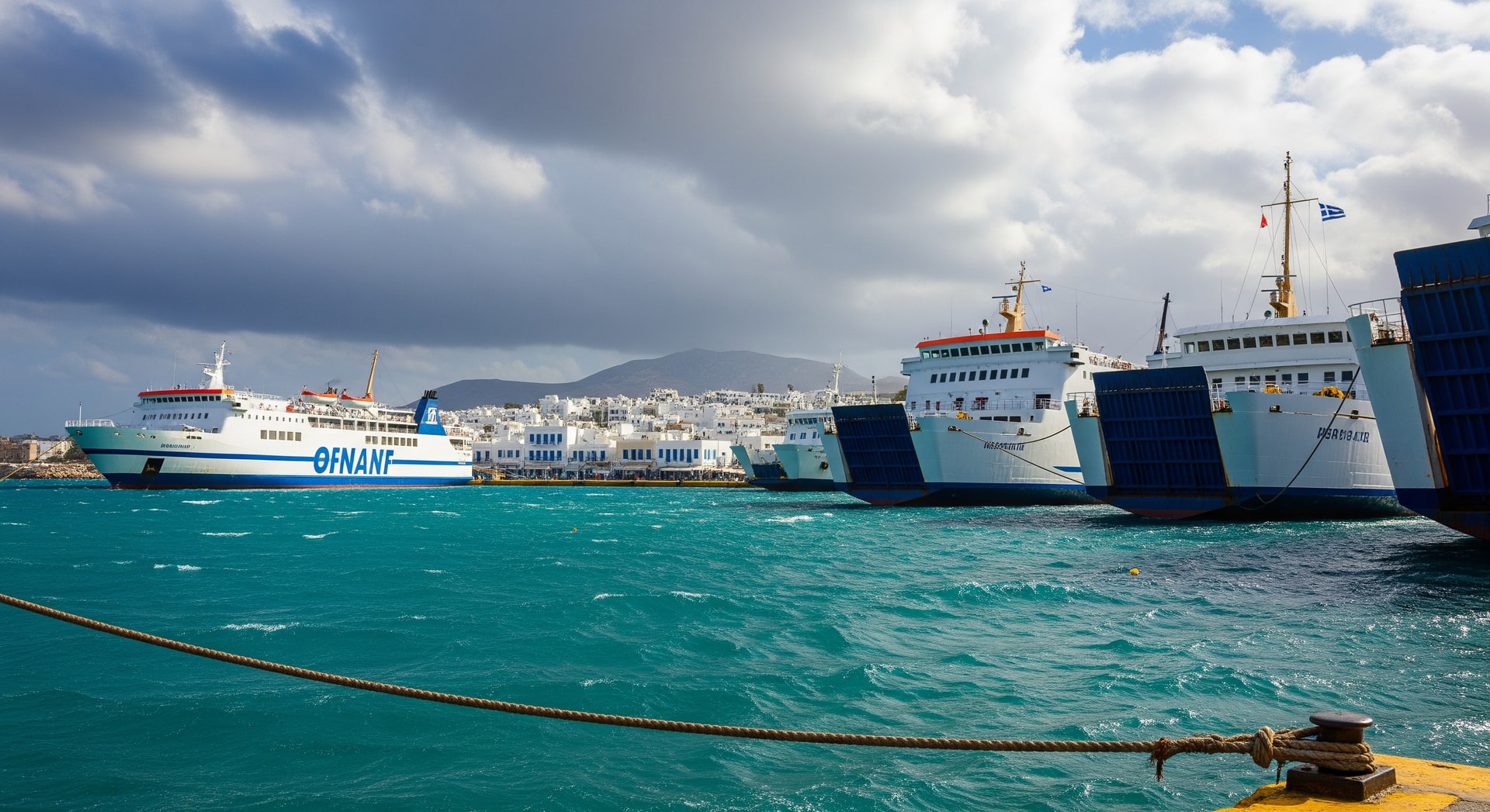 Ferries docked at a Greek port as strong winds disrupt services to the islands