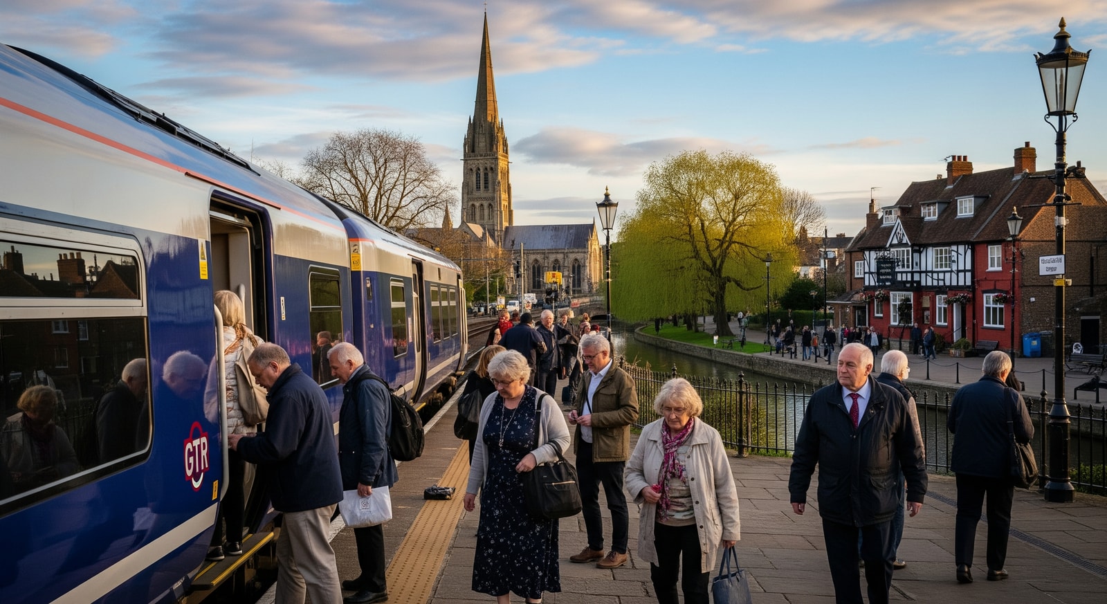 GTR train passing through UK town with passengers disembarking near local attractions
