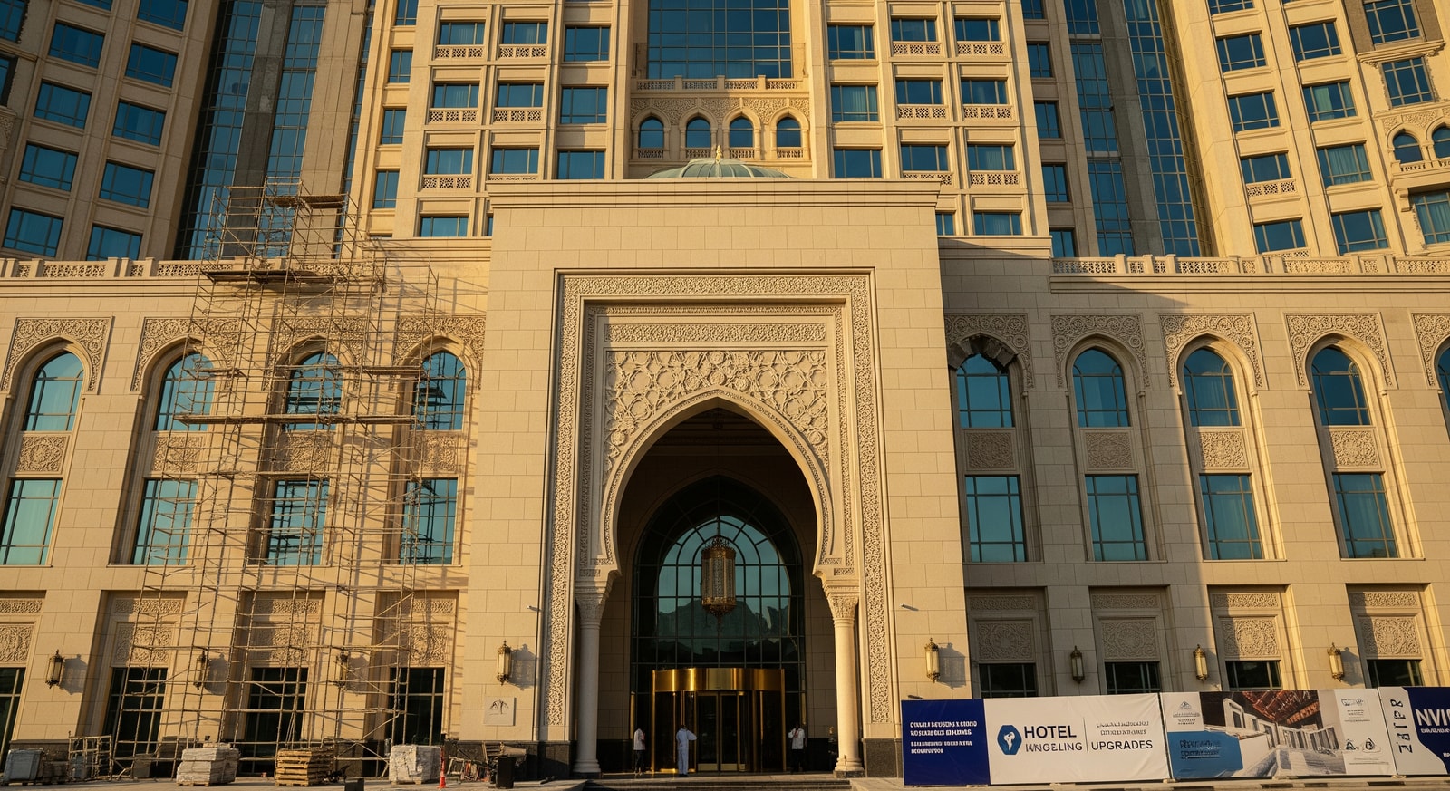 Hotel facades and entrance near Makkah's holy sites showing ongoing hospitality upgrades