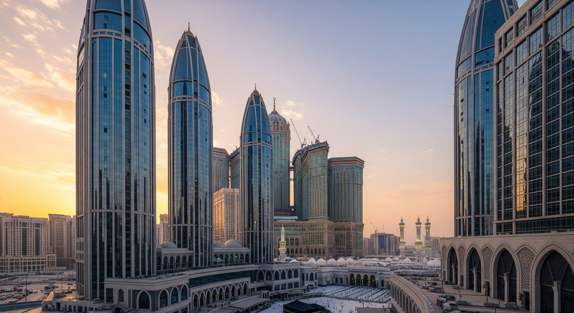 Exterior of hotels in Makkah near the Grand Mosque, representing new hotel developments